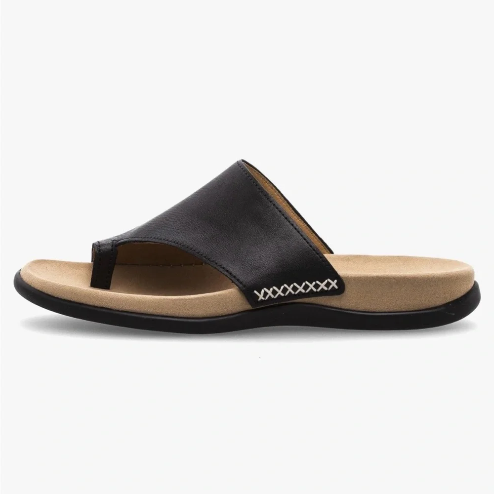 Gabor Men’s Black Leather Toe-Loop Slide with Beige Footbed sandal Size 9 - 9.5